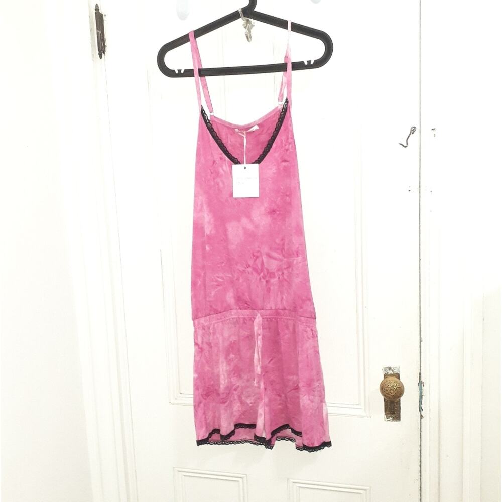 Pink tie-dye lace trim pajama romper